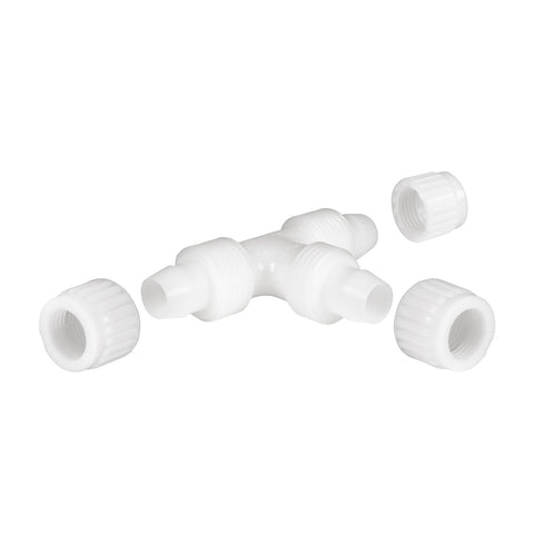 White PEX Tee Fitting Components Exploded View with Caps - Assembly Diagram | United RV Parts