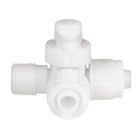 White PEX 3 Way Bypass Valve with 90 Degree Center Drain - Top View | United RV Parts