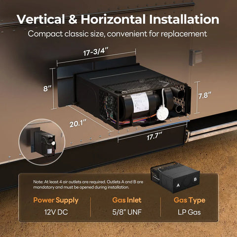 Fogatti RV Furnace Installation Diagram - Vertical Horizontal Dimensions 12V DC LP Gas Specs | United RV Parts