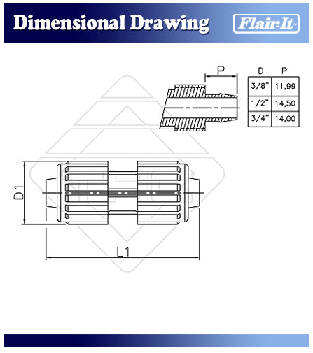 Flair-It PEX Coupler Technical Drawing - Dimensional Specifications | United RV Parts