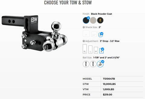 B&W TS10047B Tri Ball Hitch Mount Configuration Options - Product Selector Chart | United RV Parts