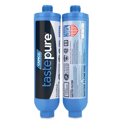 Blue Camco TastePURE Water Filters - Front and Back View with Certifications | United RV Parts