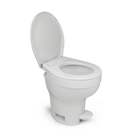 White Thetford RV Toilet with Raised Lid - Front Angle View | United RV Parts