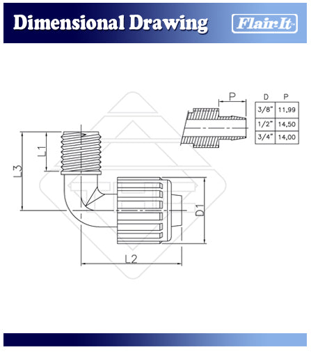 Flair-It 3/8" x 1/2" MPT Elbow Dimensional Drawing with L1 L2 Measurements | United RV Parts