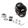 Black Lippert Idler Hub Kit with lug nuts, dust cap, spindle nut and cotter pin - Angled View | United RV Parts