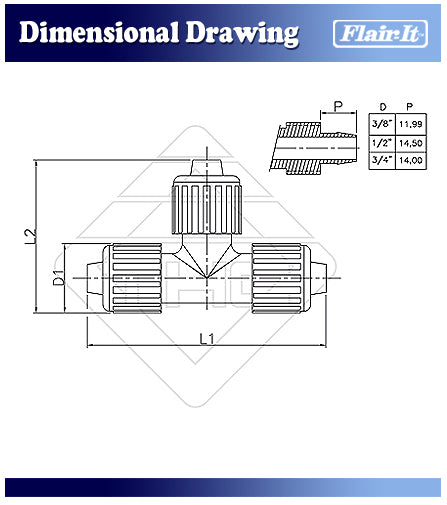 Flair-It PEX Tee Fitting Technical Specifications Drawing - Dimensional Diagram | United RV Parts