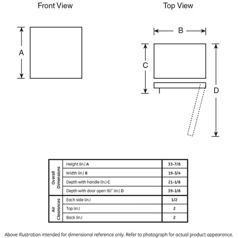 GE GME04GGKBB 4.4 Cu Ft RV Refrigerator Dimension Diagram - Height 33-7/8 Width 19-3/4 Depth 21-1/8 | United RV Parts