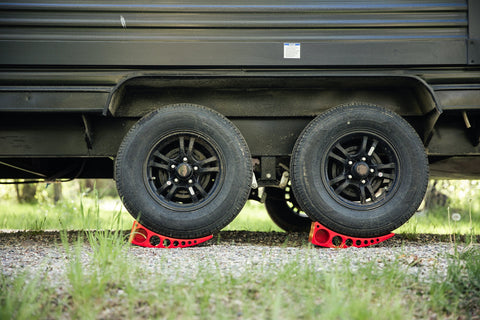 Red Andersen Camper Levelers Under RV Trailer Tires - In Use | United RV Parts