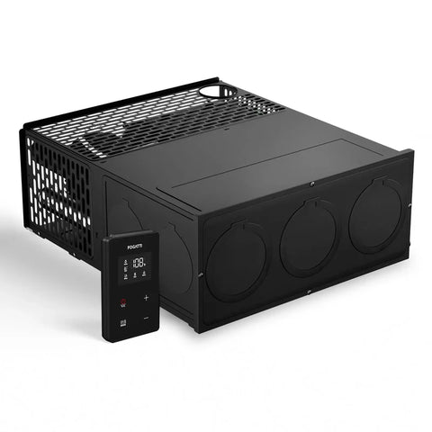 Black Fogatti 35000 BTU RV Furnace - Rear View Showing Triple Air Outlets with Wired Controller | United RV Parts