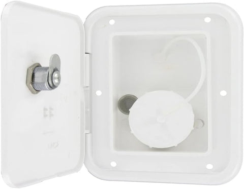 White Valterra A01-2002VP RV Gravity Water Inlet Hatch - Open Interior View | United RV Parts