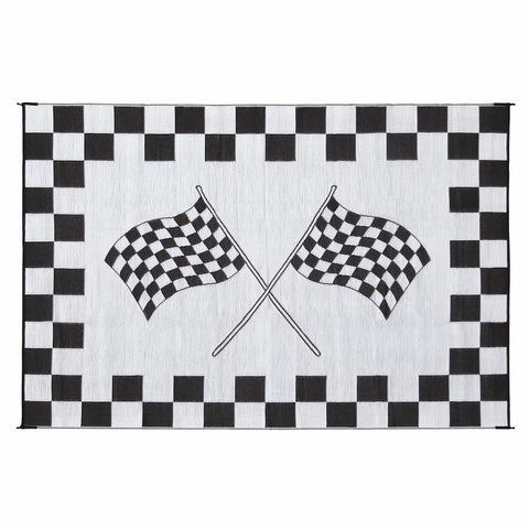 Faulkner Finish Line Patio Mat White Reverse Side - Checkered Border Pattern | United RV Parts