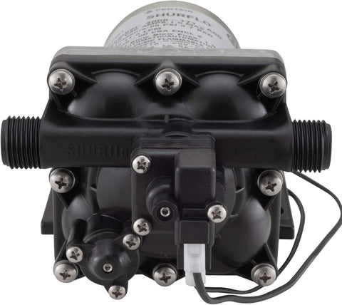 Black SHURflo Revolution Water Pump - Bottom View with Fittings | United RV Parts
