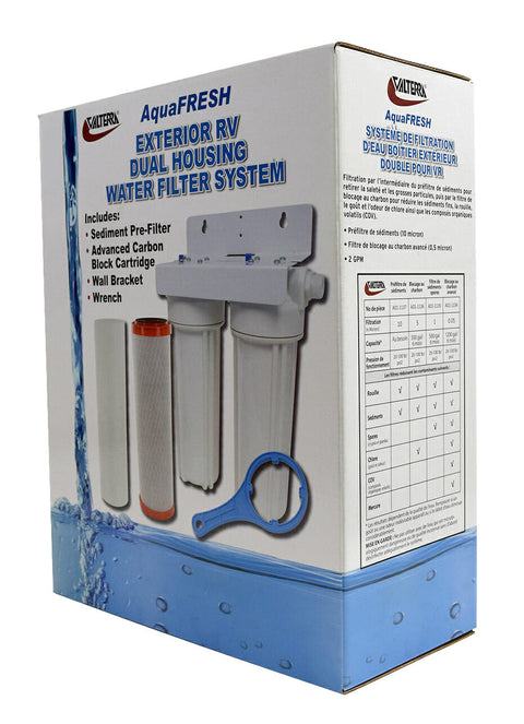 Valterra | Exterior Filter System | Dual Housing with Sediment Pre-Filter | Advanced Carbon Block Cartridge | A01-1139 | with Wall Bracket and Wrench