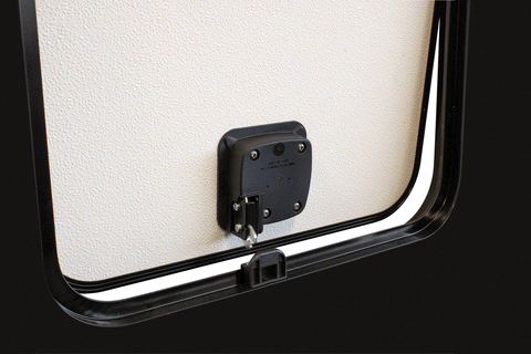 Black Rotary Pro Baggage Latch BLL-60301 Installed on RV Compartment Door - Interior Latch View | United RV Parts