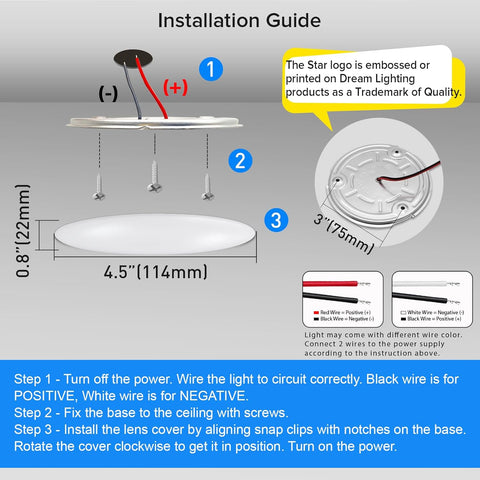 LED RV Ceiling Light DL-0016264-C4-1PK Install Guide - Wiring Polarity and Screw Mounting Detail | United RV Parts