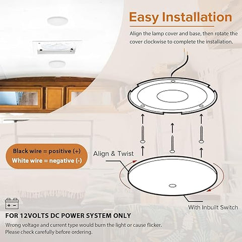 12V DC RV LED Ceiling Light Installation Diagram - Align and Twist Mount Method | United RV Parts