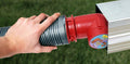 Hand Holding Red RV Sewer Hose Adapter Connected to Black Corrugated Hose - In Use | United RV Parts