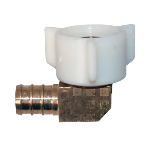 Brass & White Plastic Flair-It 51198 PEX 1/2" Barb x 1/2" FPT Swivel Elbow 90° - Side Profile | United RV Parts