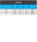 Flair-It PEXLOCK Elbow Fitting Dimension Chart - Sizes 3/8" to 1" with Model Codes | United RV Parts
