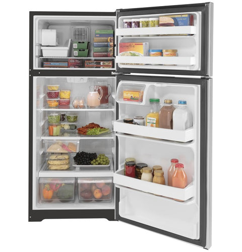 GE GIE17GSNRSS 16.6 Cu. Ft. Refrigerator Interior - Fully Stocked with Food and Organized Storage | United RV Parts