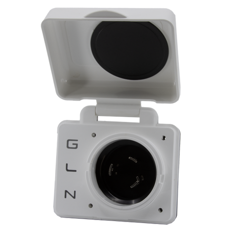 White Hughes SafeView 30 Amp RV Power Inlet SV30APIW - Front View with Cover Open | United RV Parts