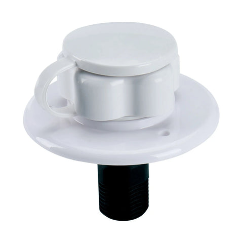 White Plastic RV Water Inlet SFWI1-03 - Angled Top View Showing Cap and Threaded Fitting | United RV Parts