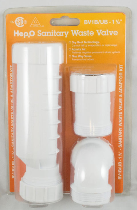 White HepvO Sanitary Waste Valve 1-1/2 Inch Package - Front View | United RV Parts