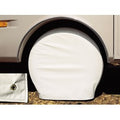 White ADCO Ultra Tyre Gard RV Tire Cover Fitted on Motorhome Wheel - Lifestyle View | United RV Parts