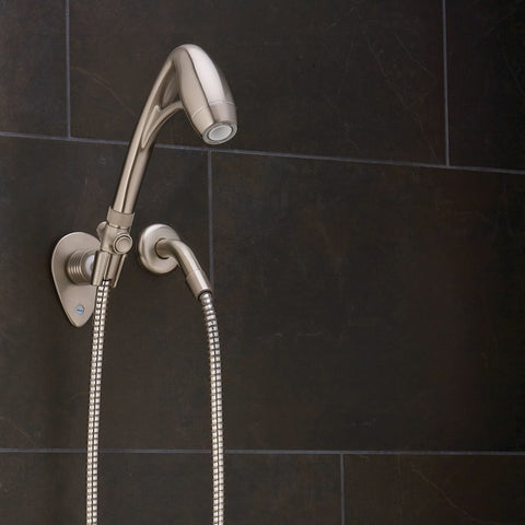 Brushed Nickel RV Shower Kit Wall Mount Installation - Installed View | United RV Parts