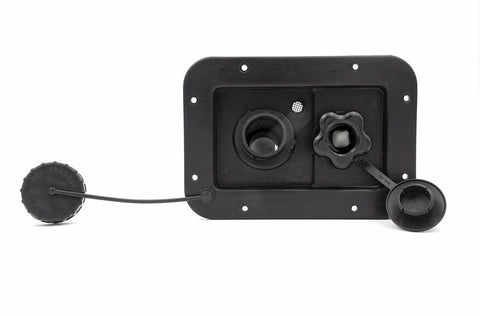 Black B&B Molders RV City Water Inlet Panel 94223 - Front View Caps Open | United RV Parts