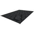 Black Grey Kuma Striped Peaks Outdoor RV Mat 12x9 - Angled View with Bear Logo | United RV Parts
