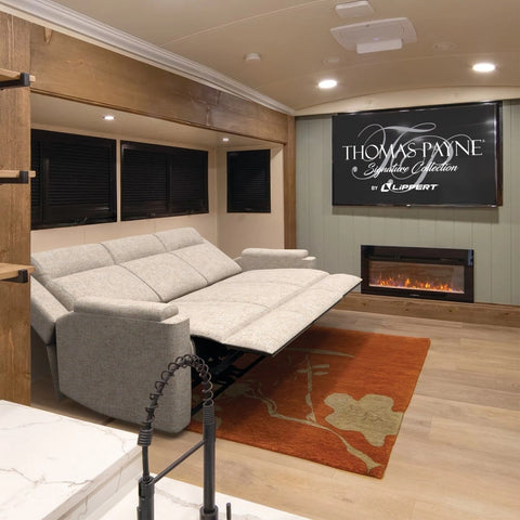 Thomas Payne Signature Heritage RV Theater Seating Reclined in RV Living Room Lifestyle Shot | United RV Parts
