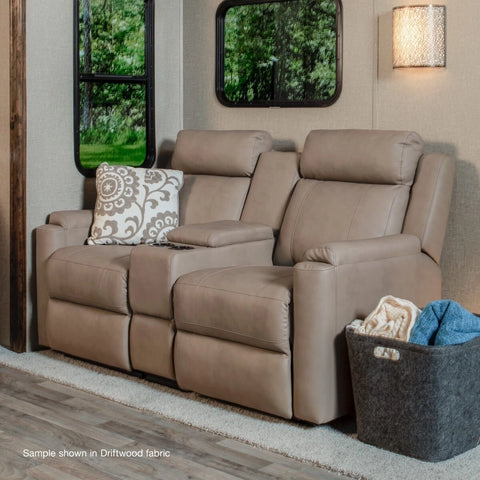 Lippert Heritage RV Theater Seating Installed in RV Interior - Driftwood Lifestyle Scene | United RV Parts