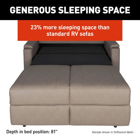 Lippert Rest Easy RV Sleeper Sofa - 23% More Sleeping Space Feature Callout | United RV Parts
