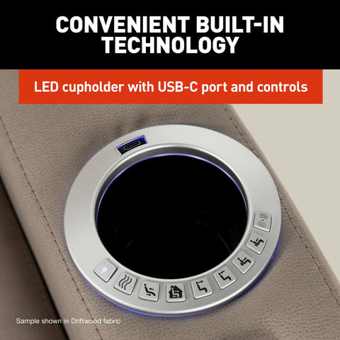 Thomas Payne Seismic RV Recliner LED Cupholder Close-Up - Built-In USB-C Port and Controls Detail | United RV Parts