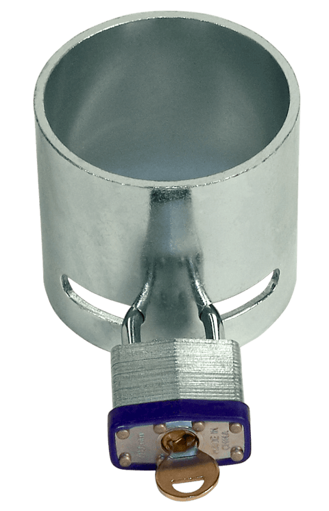 Silver Steel King Pin Locking Cup with Blue Padlock - Straight Front View | United RV Parts