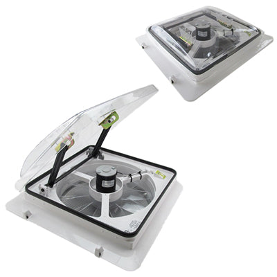 White MaxxAir MaxxFan Plus 4-Speed RV Roof Vent with Clear Lid - Open and Closed View | United RV Parts