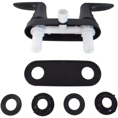 Matte Black Valterra RV Shower Faucet with Mounting Plate and Hardware Kit - Flat Lay | United RV Parts