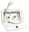 White ABS Exterior RV Shower Assembly with Handheld Head & Dual Knobs - Open View | United RV Parts