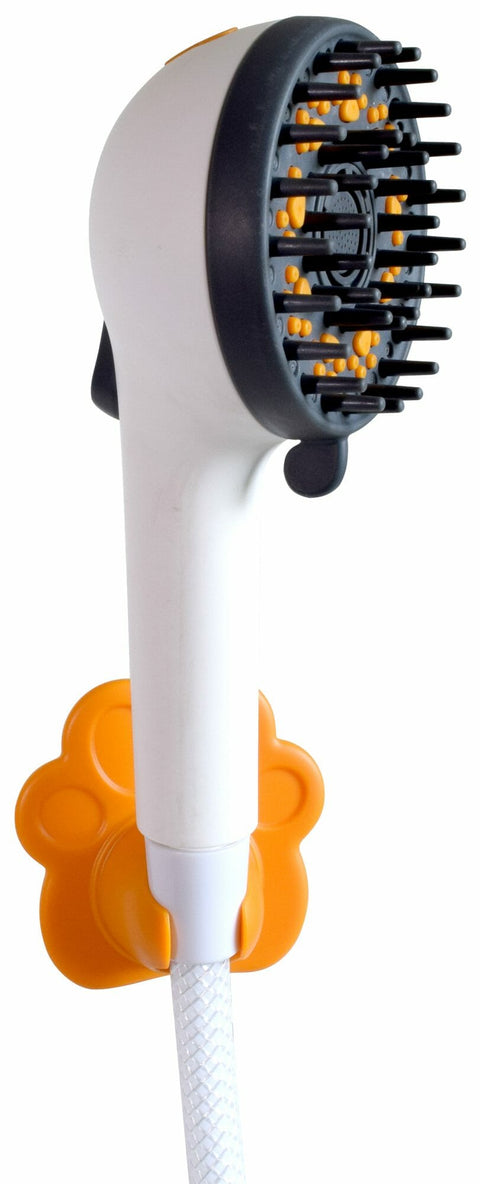 White Valterra Wash&Wag Pet Shower Head with Orange Paw Holder and Hose - Side Profile | United RV Parts