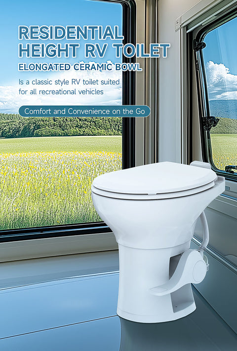 Seaflo | Inodoro residencial de altura para autocaravanas | SFRTCH-02-01 | Taza de cerámica alargada | Pedal | Blanco