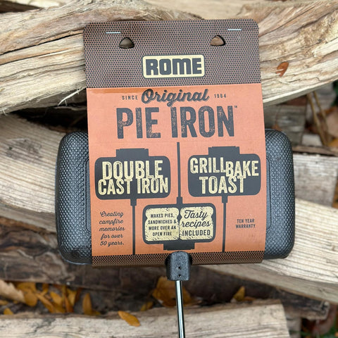Rome Industry Double Cast Iron Pie Iron 1605 Retail Packaging on Firewood - Package Front View | United RV Parts