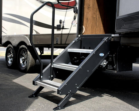 Black MORryde RV Hand Rail with 3 Steps - Installed on RV Entry | United RV Parts