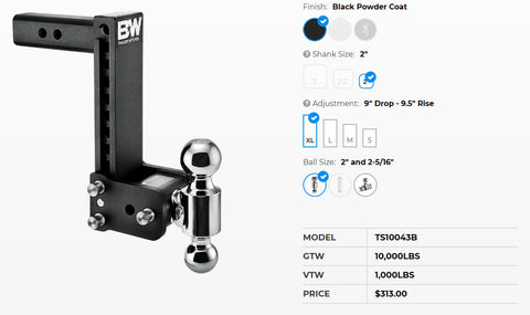 B&W TS10043B Product Specifications Chart - Model Details | United RV Parts