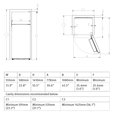 InVision RV Refrigerator Technical Dimensions Chart - Installation Specs | United RV Parts