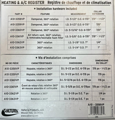 Valterra Heating AC Register Sizing Chart - Technical Specifications | United RV Parts
