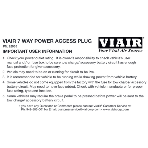 ViAir 7-Way Power Access Plug Instructions Sheet - User Manual | United RV Parts