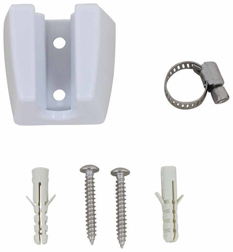 White Plastic Spray Holder Mount and Clamp Components - Flat Lay | United RV Parts