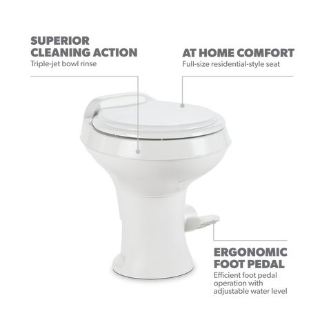 White Dometic 300 RV Toilet Features - Triple Jet Bowl and Foot Pedal Detail | United RV Parts