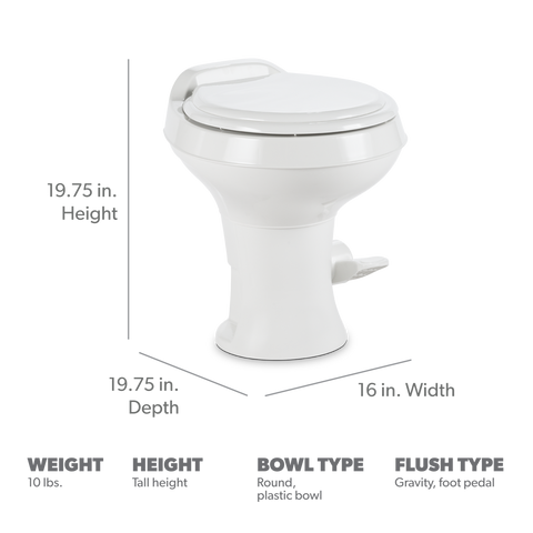 White Dometic 300 RV Toilet Dimensions - Height Width Depth Specifications | United RV Parts